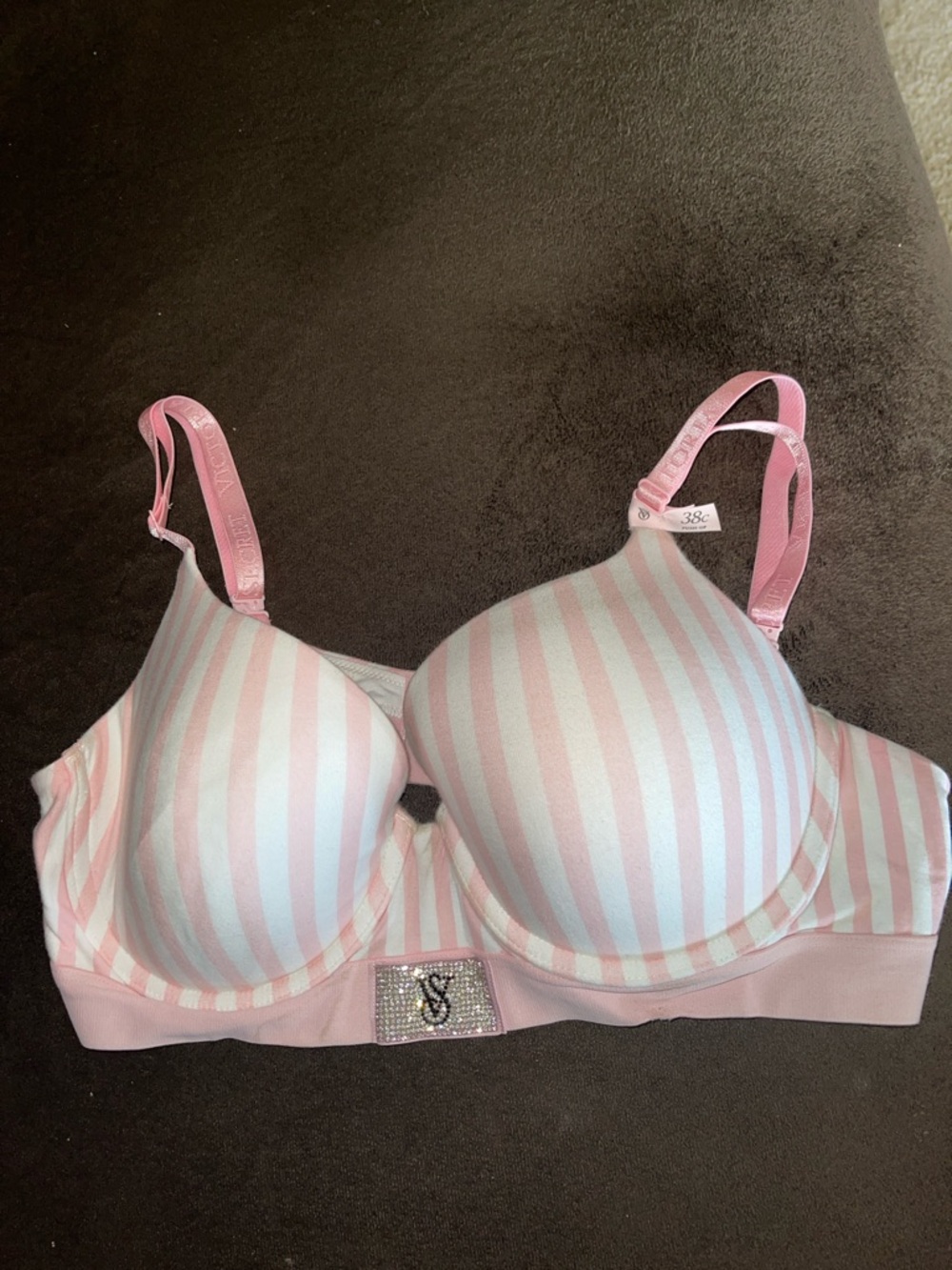Victoria's Secret Pink & White Striped Padded Underwire Bra with Rhinestone Logo
